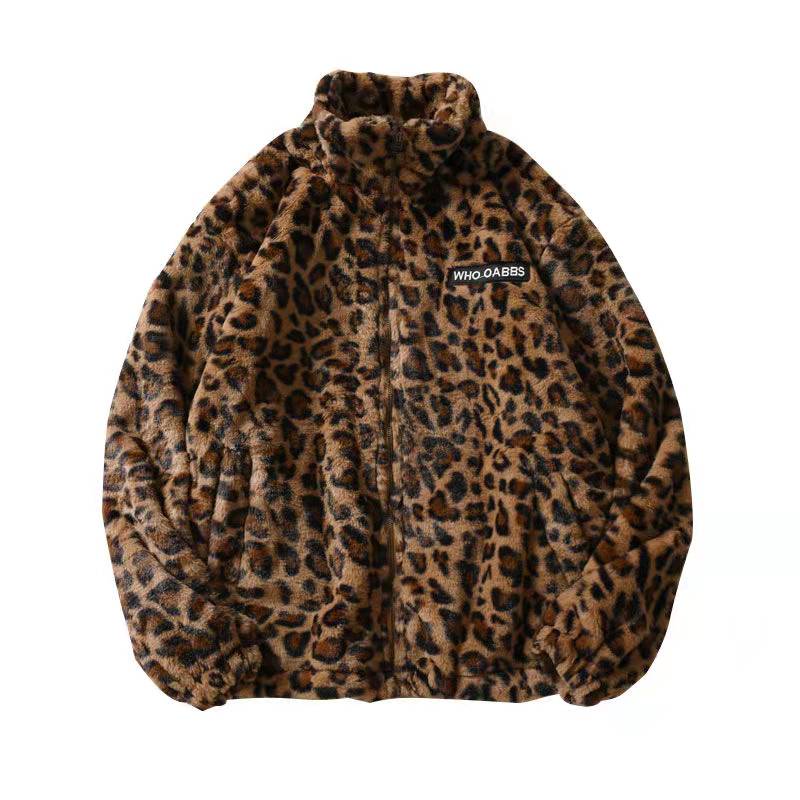 Leopardenmuster Fleecejacke, braun, Reißverschluss, Unisex, modisch, warm, Winterbekleidung