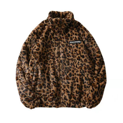 Leopardenmuster Fleecejacke, braun, Reißverschluss, Unisex, modisch, warm, Winterbekleidung