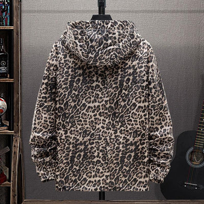 Leopardenmuster Kapuzenpullover, beige und schwarz, Unisex, modisch, Freizeitkleidung.