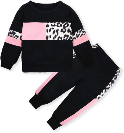 Schwarzer Kinder-Trainingsanzug mit rosa und Leopardenmuster, Baumwolle, bequem, modisch.