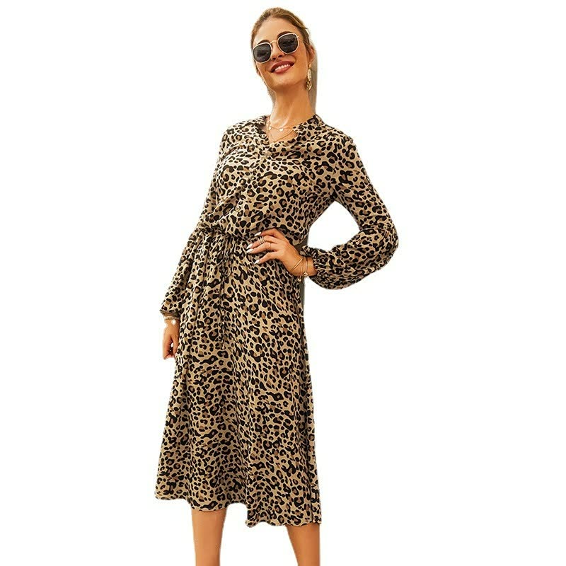 Leopardenmuster Kleid Damen, langärmelig, beige, modisch, Freizeitkleidung, elegant.