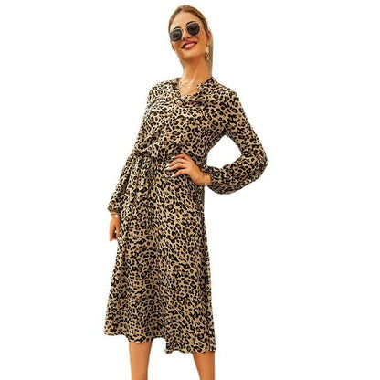 Leopardenmuster Kleid Damen, langärmelig, beige, modisch, Freizeitkleidung, elegant.