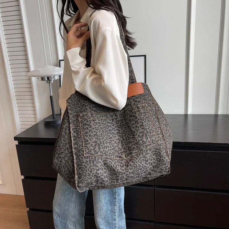 Damen Schultertasche, oversized, Leopardenmuster, Canvas, modisch, für Frauen.