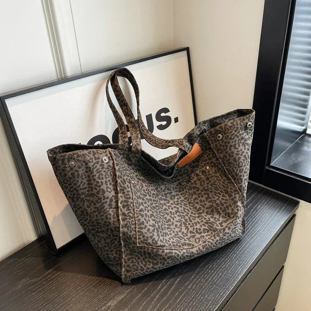 Leopardenmuster Schultertasche Damen, oversized, Canvas, luxuriös, modisch, schwarz-grau.
