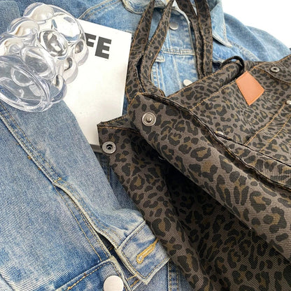 Leopardenmuster Schultertasche Damen, Canvas, modisch, groß, neben Jeansjacke.