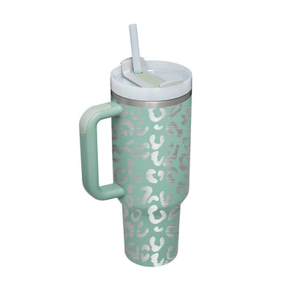 Mintgrüner Thermobecher mit Leopardenmuster, Strohhalm und Griff, Edelstahl, 40 oz.
