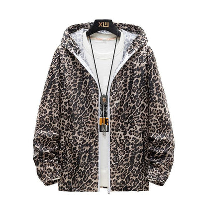 Leopardenmuster Windjacke mit Kapuze, Damenmode, Reißverschluss, lässig, trendig, leicht.