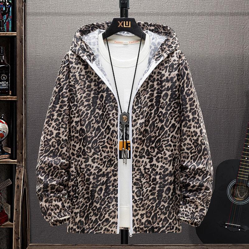 Leopardenmuster Windjacke, Kapuze, Reißverschluss, Herrenmode, Freizeitkleidung, Beige-Braun