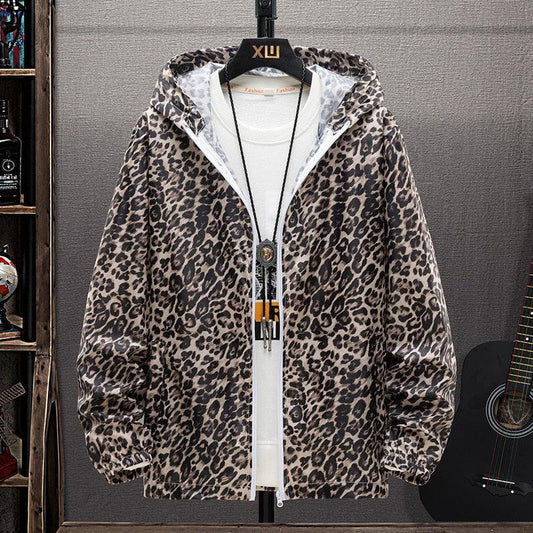Leopardenmuster Windjacke, Kapuze, Reißverschluss, Herrenmode, Freizeitkleidung, Beige-Braun