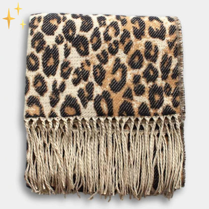Leopardenmuster Decke mit Fransen, beige und schwarz, Baumwolle, stilvoll, gemütlich, Wohnzimmer.
