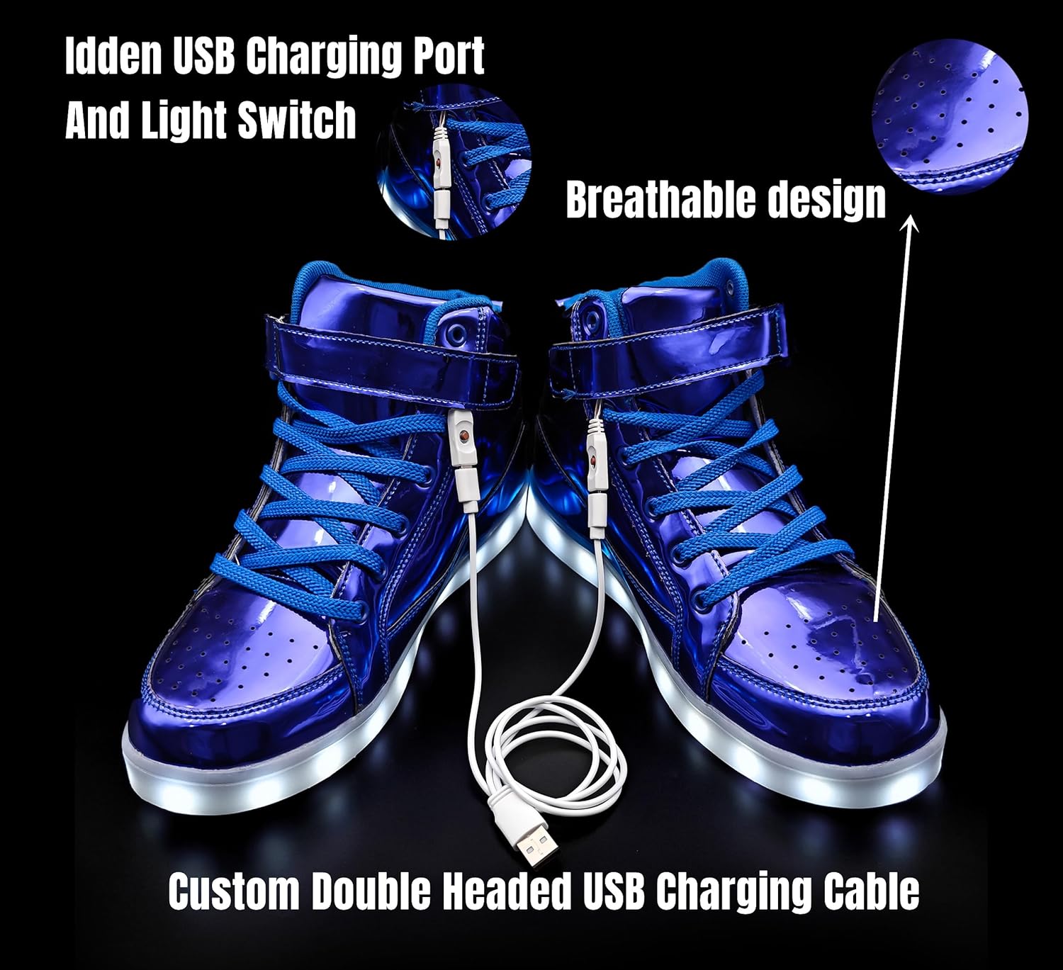 Blaue LED-Sneaker mit USB-Ladeanschluss, atmungsaktivem Design und Leuchtsohle.