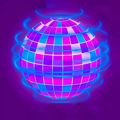 Leuchtende lila Discokugel mit blauen Wirbeln, Retro-Design, Party-Dekoration, Neon-Effekt.
