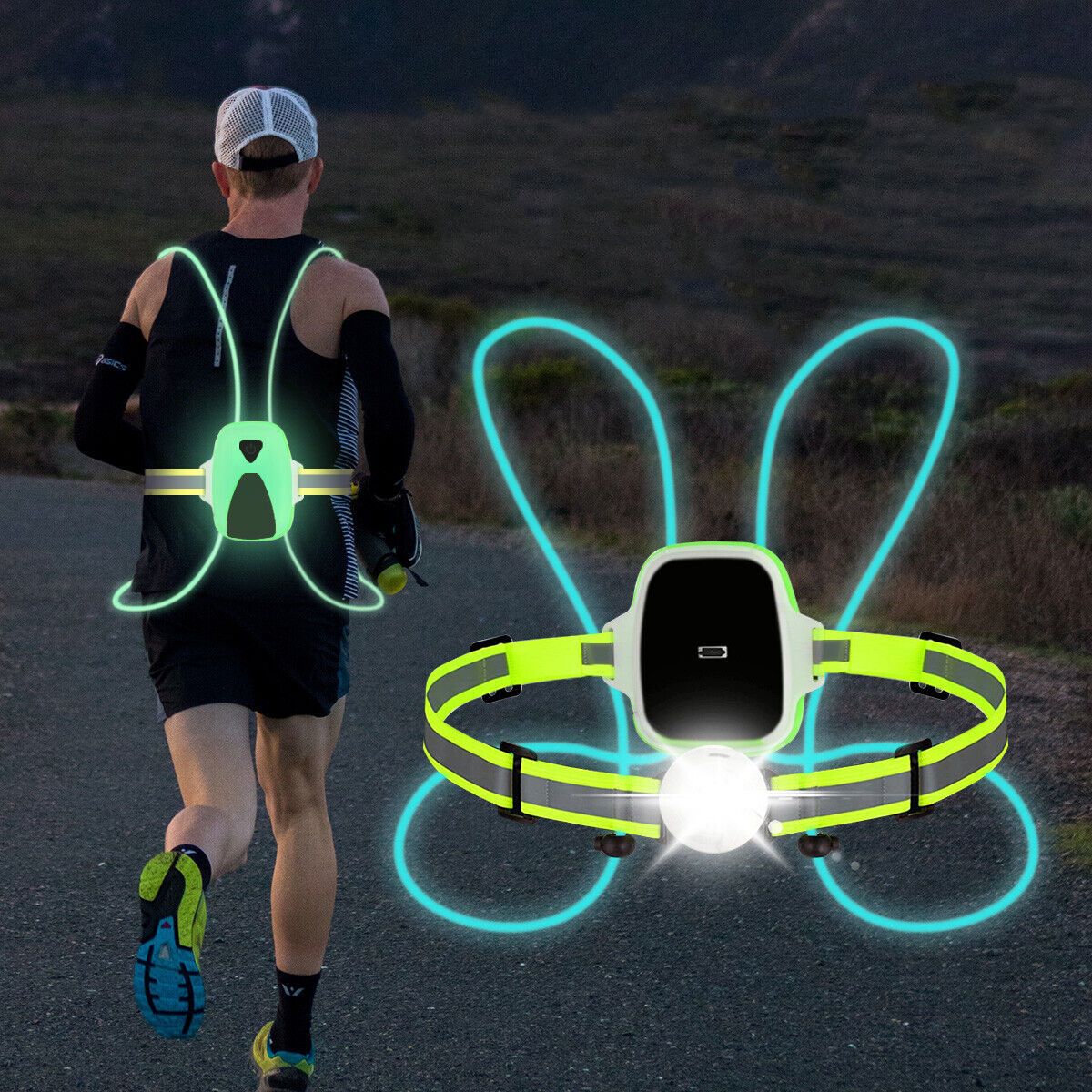 Mann beim Laufen mit LED-Laufweste, reflektierend, leuchtend, für Sicherheit bei Nacht.