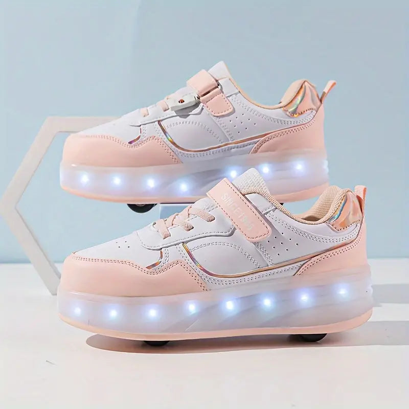 Weiße LED-Rollschuhe für Kinder, rosa Akzente, sportlich, leuchtende Sohlen, Freizeitmode.