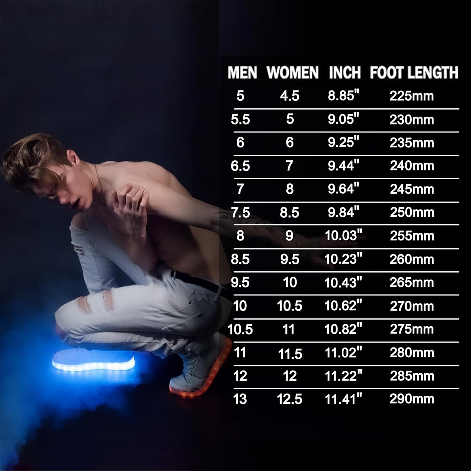 Mann mit leuchtenden LED-Sneakern, Größentabelle, Mode, Nacht, Tanz, weißes Outfit.