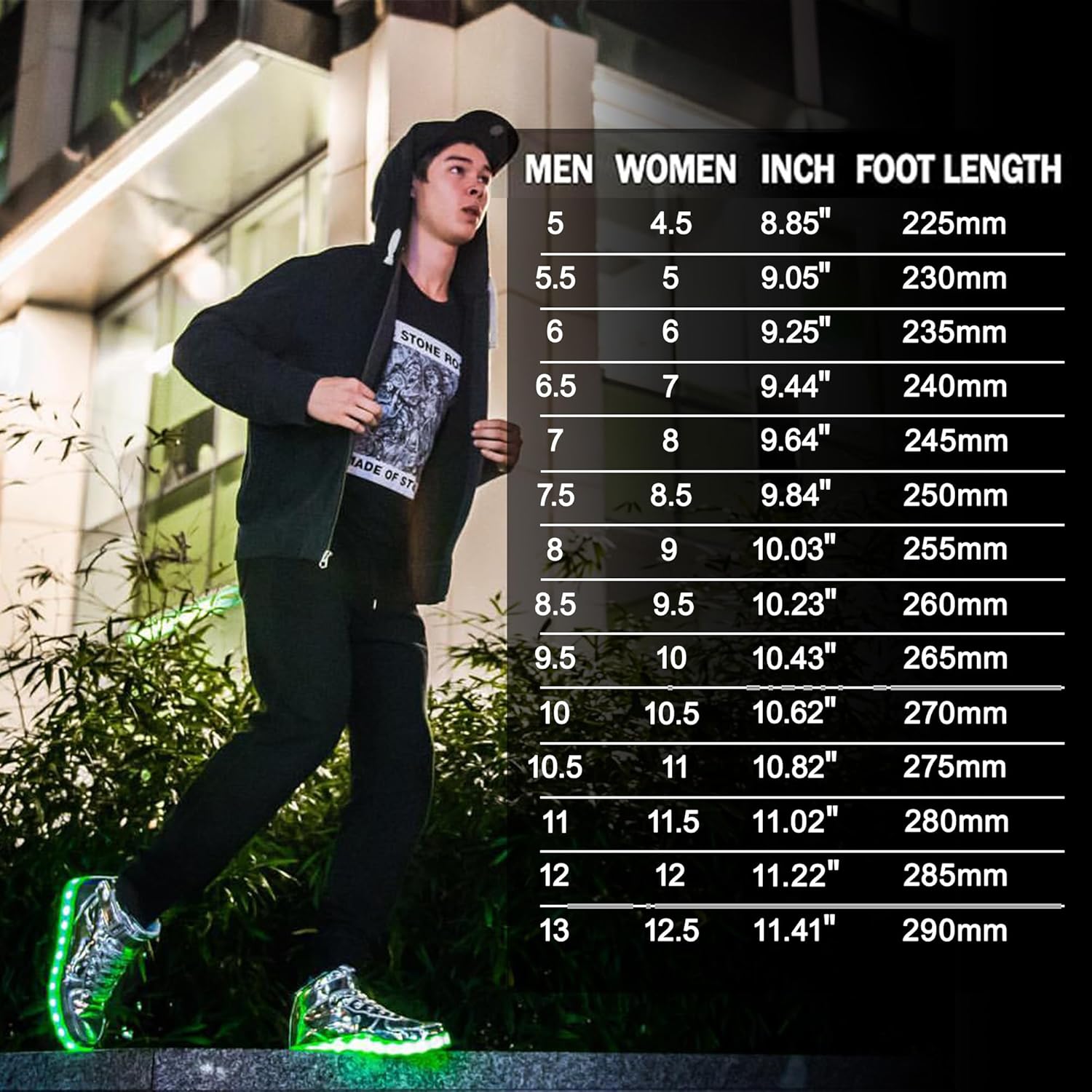 Mann mit leuchtenden LED-Sneakern, Größentabelle, Nacht, urbaner Stil, modische Schuhe.