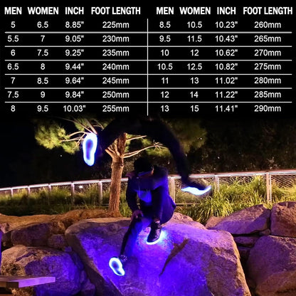 Tanzender Mann mit leuchtenden LED-Sneakern bei Nacht, Größenvergleichstabelle im Hintergrund.