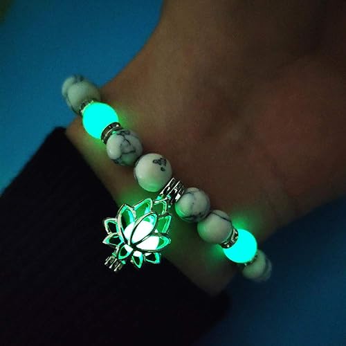 Leuchtendes Armband mit Lotus-Anhänger, weiße und grüne Perlen, Schmuck für Damen.
