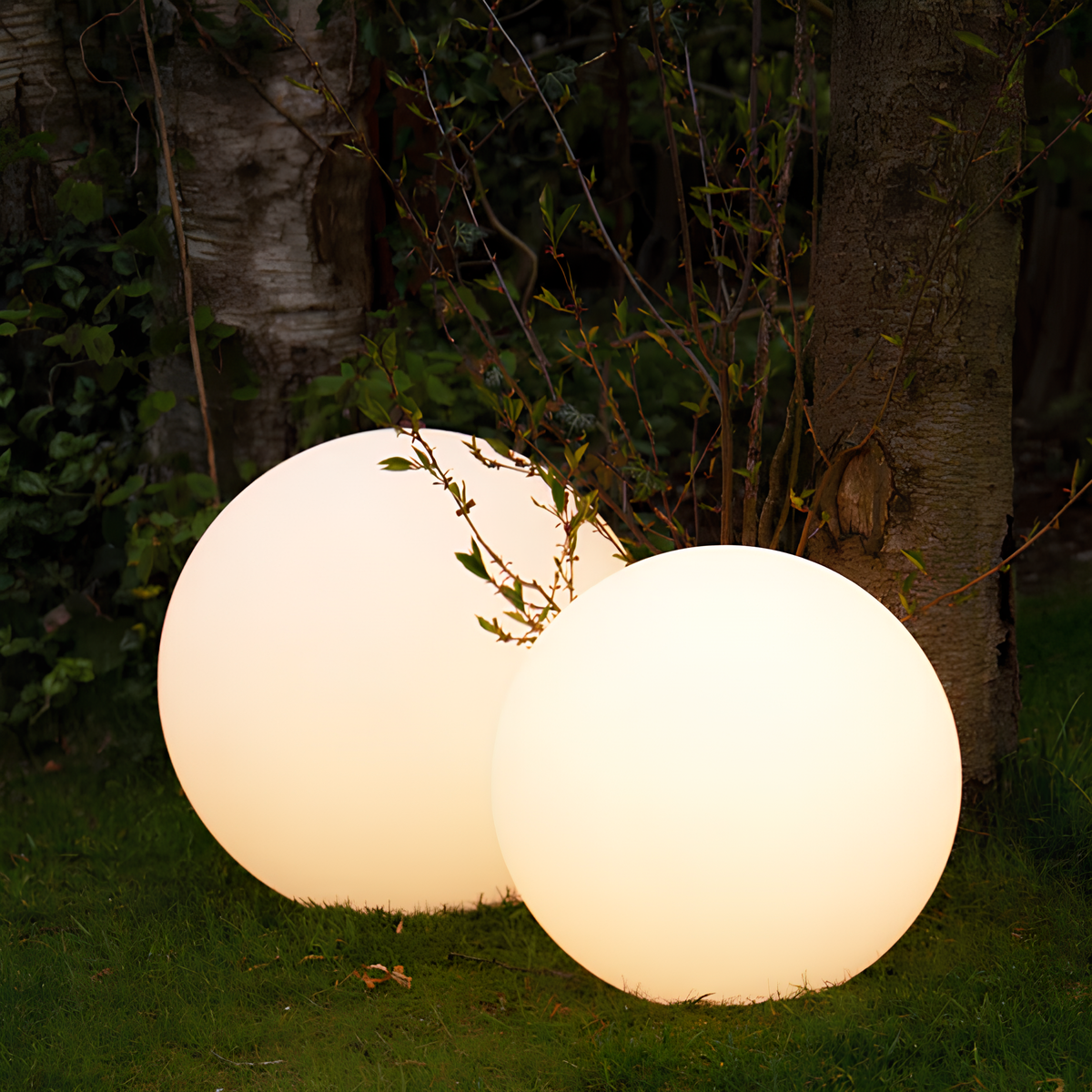Zwei leuchtende LED-Kugellampen im Garten, warmweiß, dekorative Außenbeleuchtung.