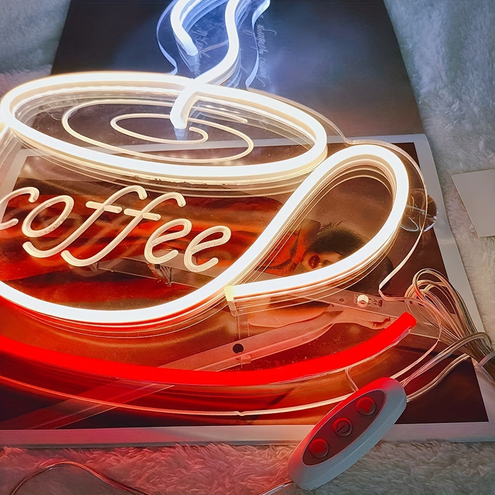 Leuchtendes LED-Neonschild "Coffee" in Tassenform, warmweiß, für Café-Dekoration.