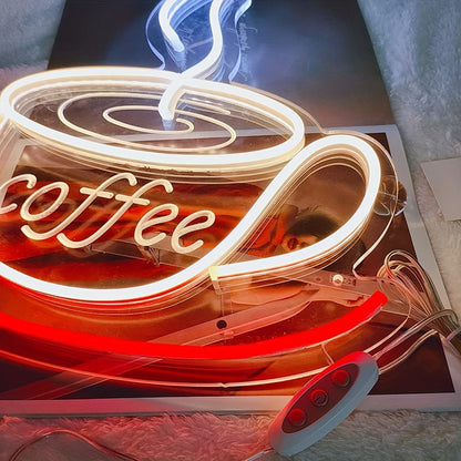 Leuchtendes LED-Neonschild "Coffee" in Tassenform, warmweiß, für Café-Dekoration.