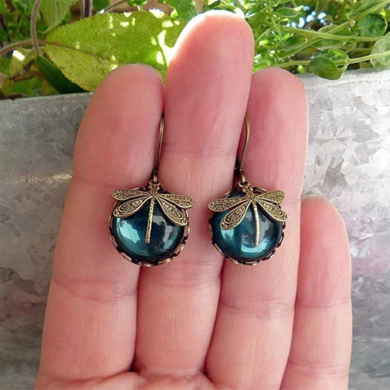 Vintage bronzene Libellen-Ohrringe, goldfarben, modisch, für Damen, mit blauem Stein.