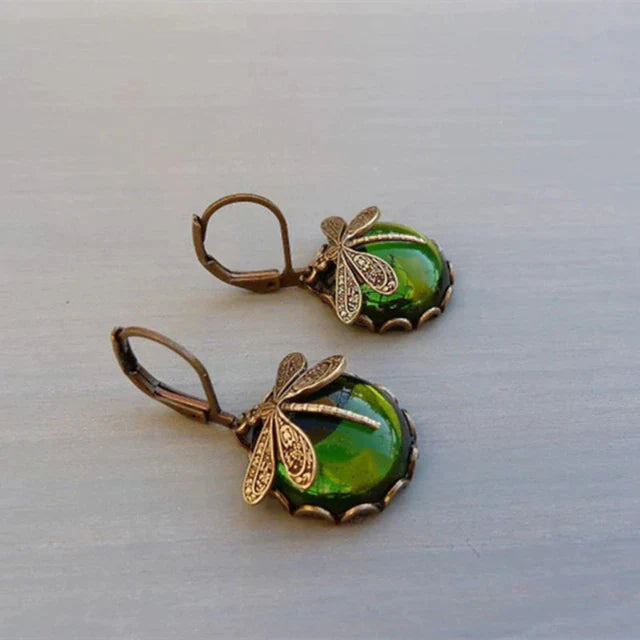 Vintage bronzene Libellen-Ohrringe, goldfarben, mit grünem Stein, modischer Schmuck für Damen.