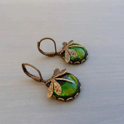 Vintage bronzene Libellen-Ohrringe, goldfarben, mit grünem Stein, modischer Schmuck für Damen.