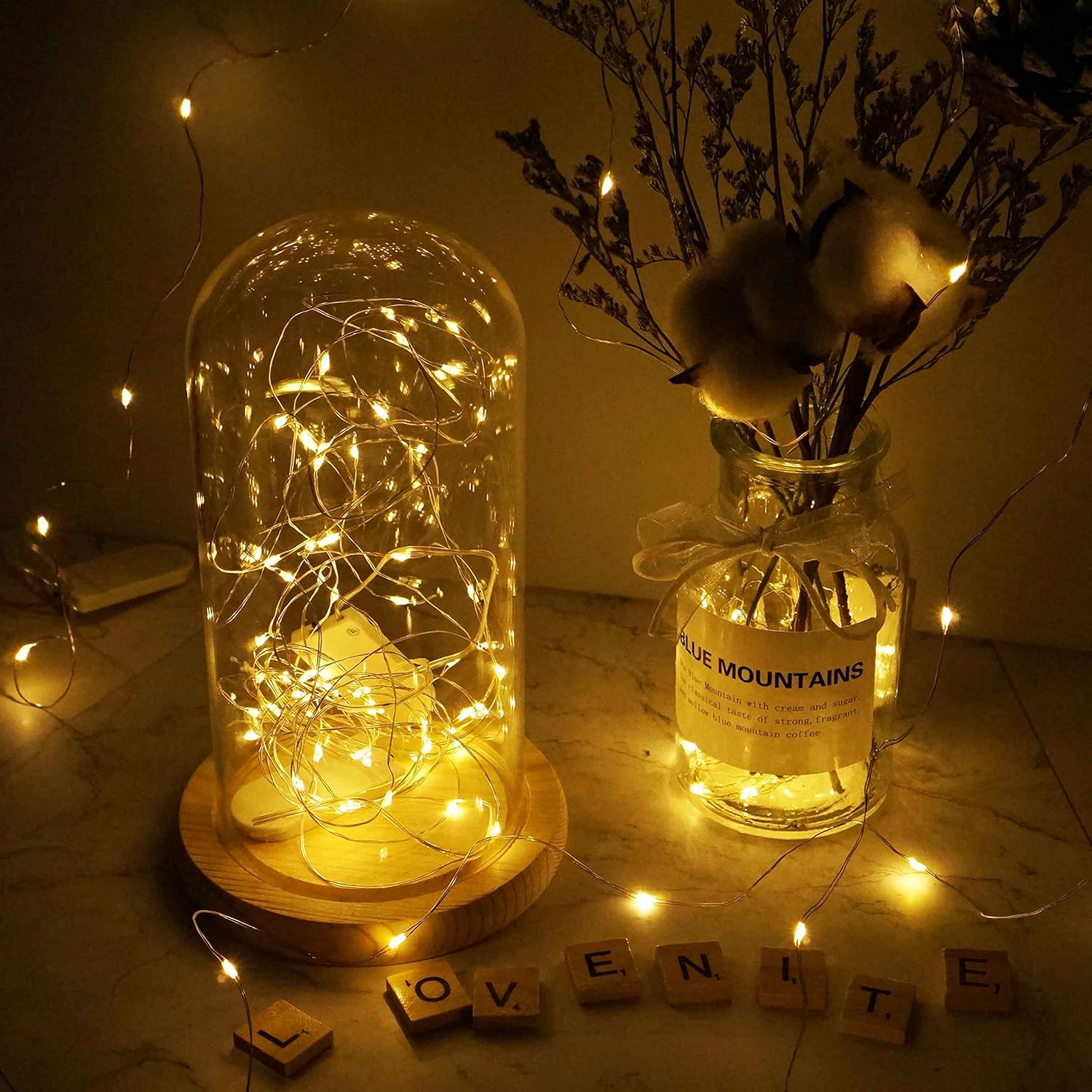 Lichterkette im Glasdom auf Holzsockel, warmweiß, dekorativ, ideal für Wohnambiente.
