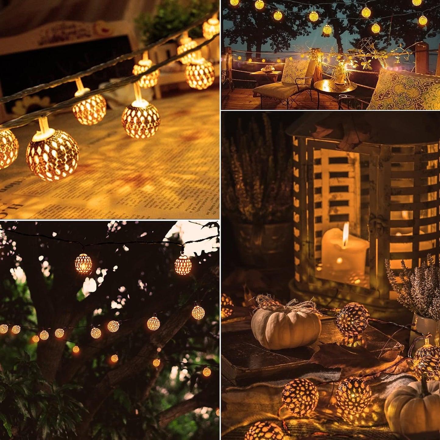 Lichterkette mit warmweißen LED-Lampen, dekorative Kugeln, ideal für Garten oder Terrasse.