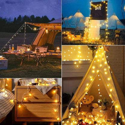 Lichterketten im Zeltlager, gemütliche Beleuchtung, Outdoor-Dekoration, Nachtstimmung.