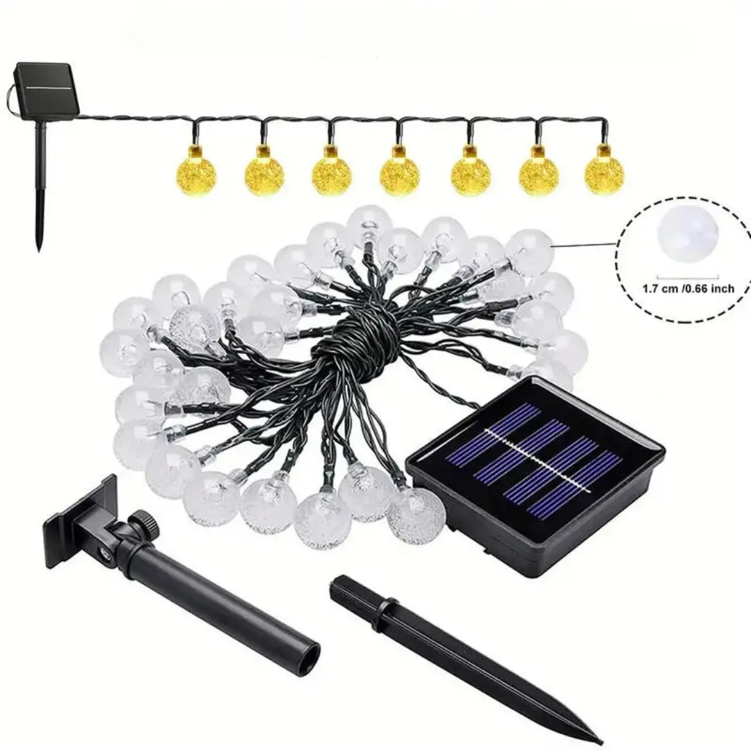 Solarbetriebene Lichterkette, warmweiße LED-Kugeln, für Garten, wetterfest, energiesparend.