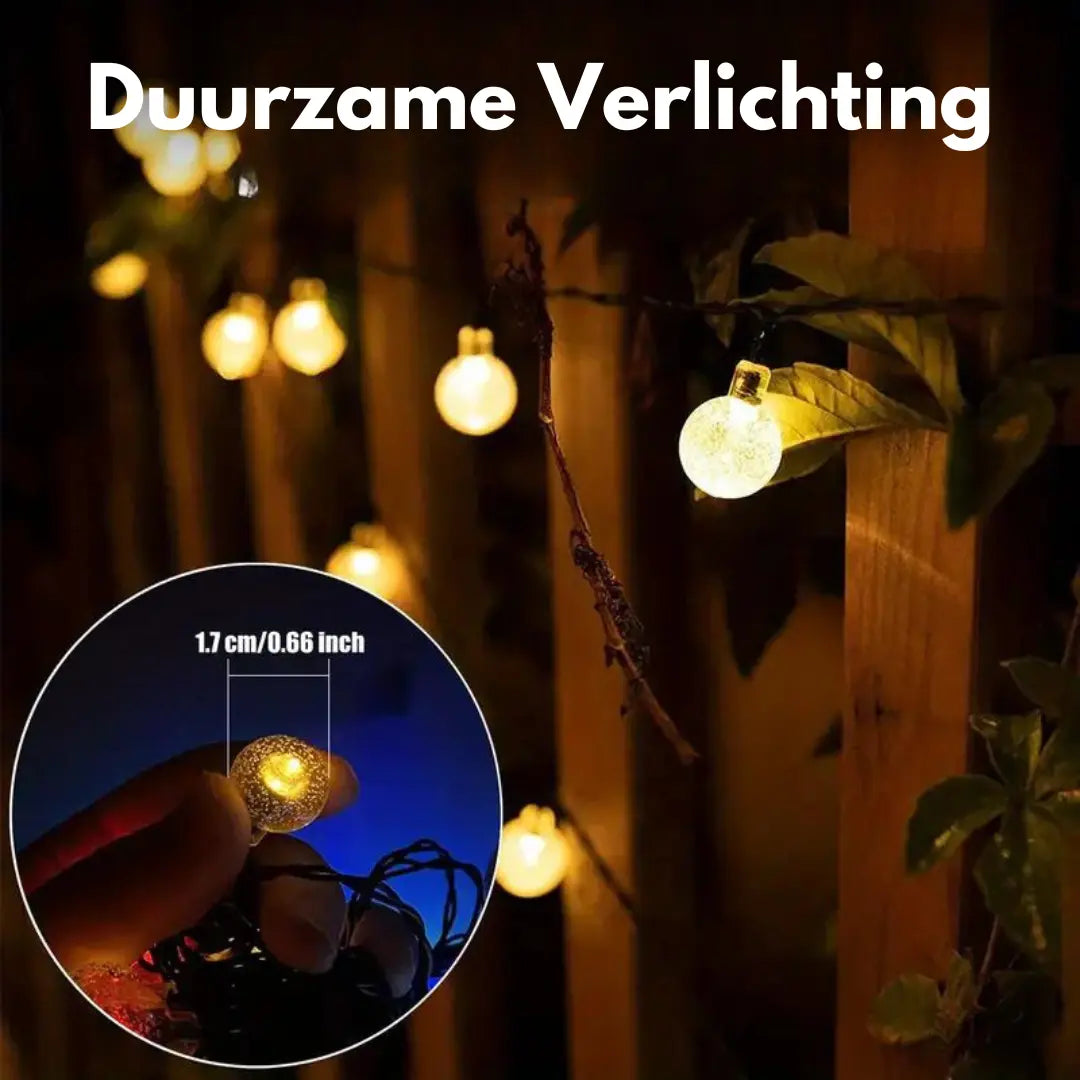 Lichterkette solarbetrieben, warmweiß, für Außenbereich, nachhaltige Beleuchtung, wetterfest.
