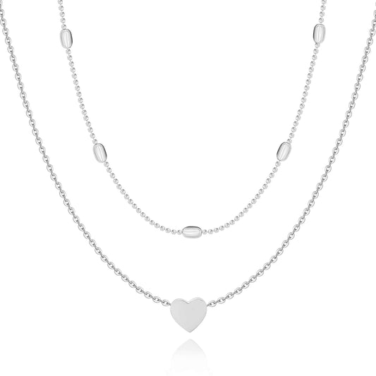 Silberne Herz-Halskette, doppellagig, Damen-Schmuck, modisch, elegantes Design.