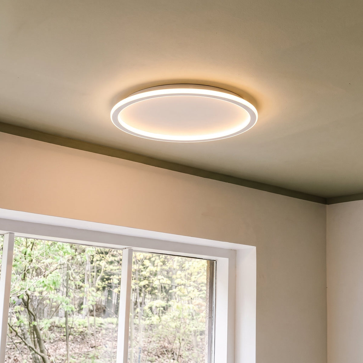 Tänd ringlampa i taket ovanför ett fönster med utsikt mot gröna träd. 8