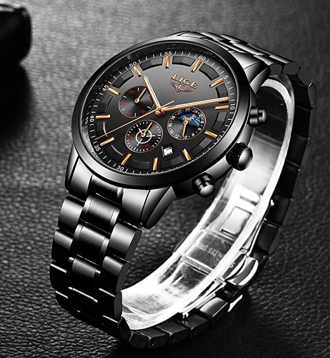 Schwarze LIGE Herrenuhr, Edelstahlarmband, Chronograph, elegantes Design.