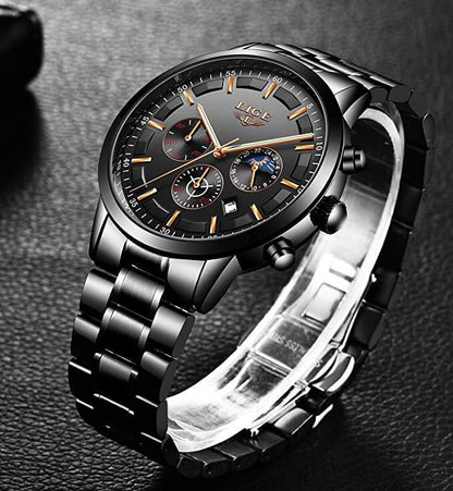 Schwarze LIGE Herrenuhr, Edelstahlarmband, Chronograph, elegantes Design.