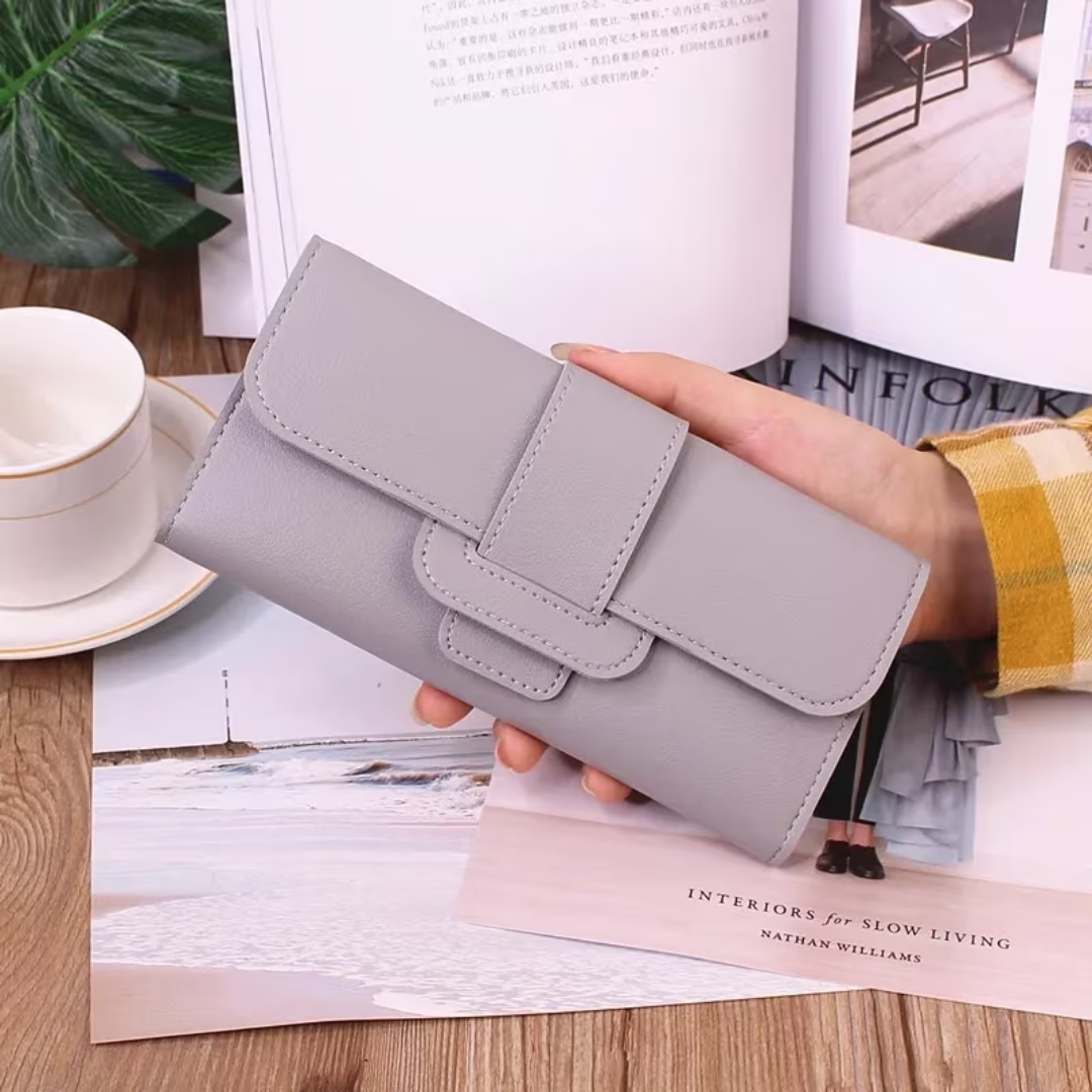 Damen-Geldbörse aus hellgrauem Leder, elegant, modisch, vielseitig, für Alltag und Reisen.