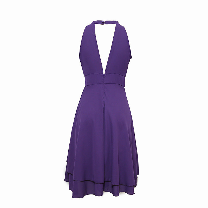 Lila Abendkleid, ärmellos, V-Ausschnitt, knielang, elegantes Design, Damenmode.
