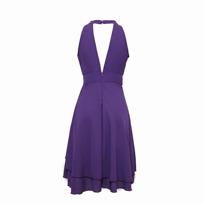 Lila Abendkleid, ärmellos, V-Ausschnitt, knielang, elegantes Design, Damenmode.