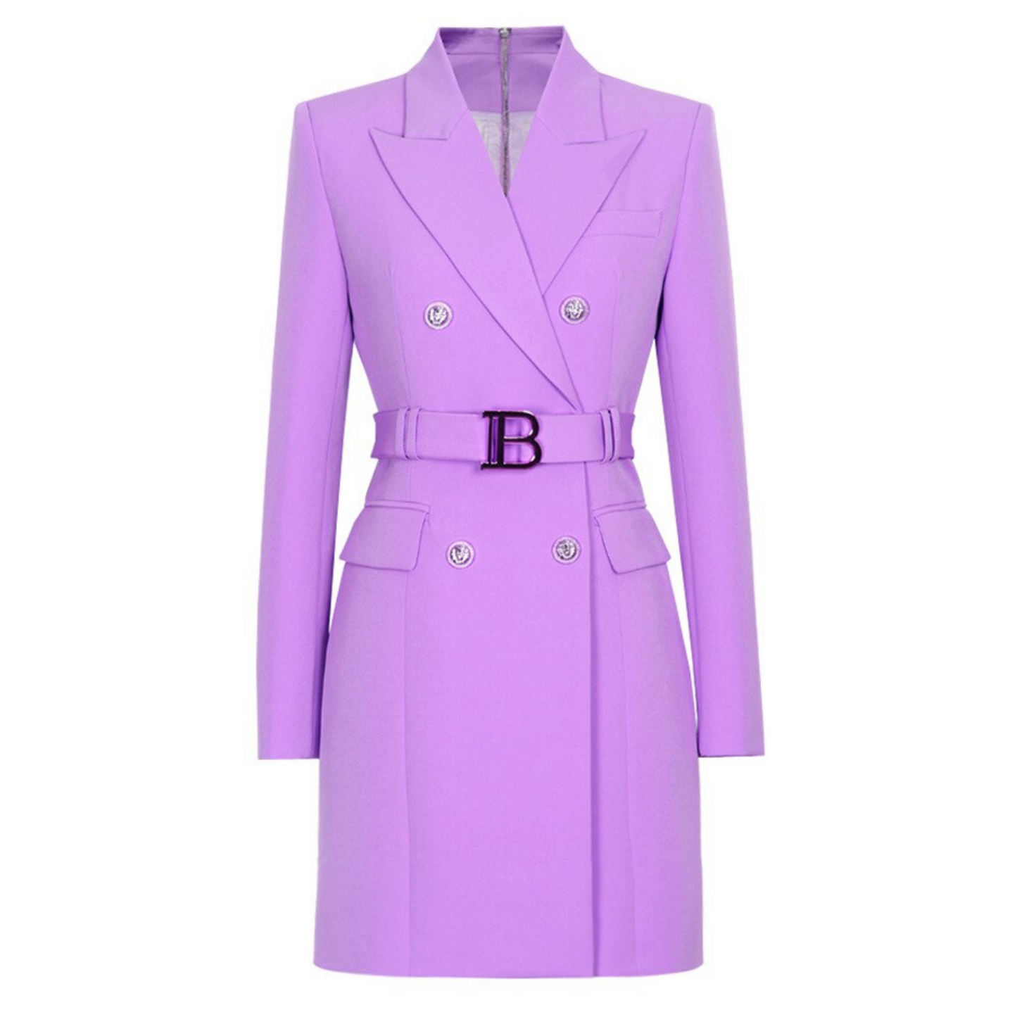 Lila Damenblazer-Kleid mit Gürtel, doppelreihig, elegantes Design, modische Damenbekleidung.