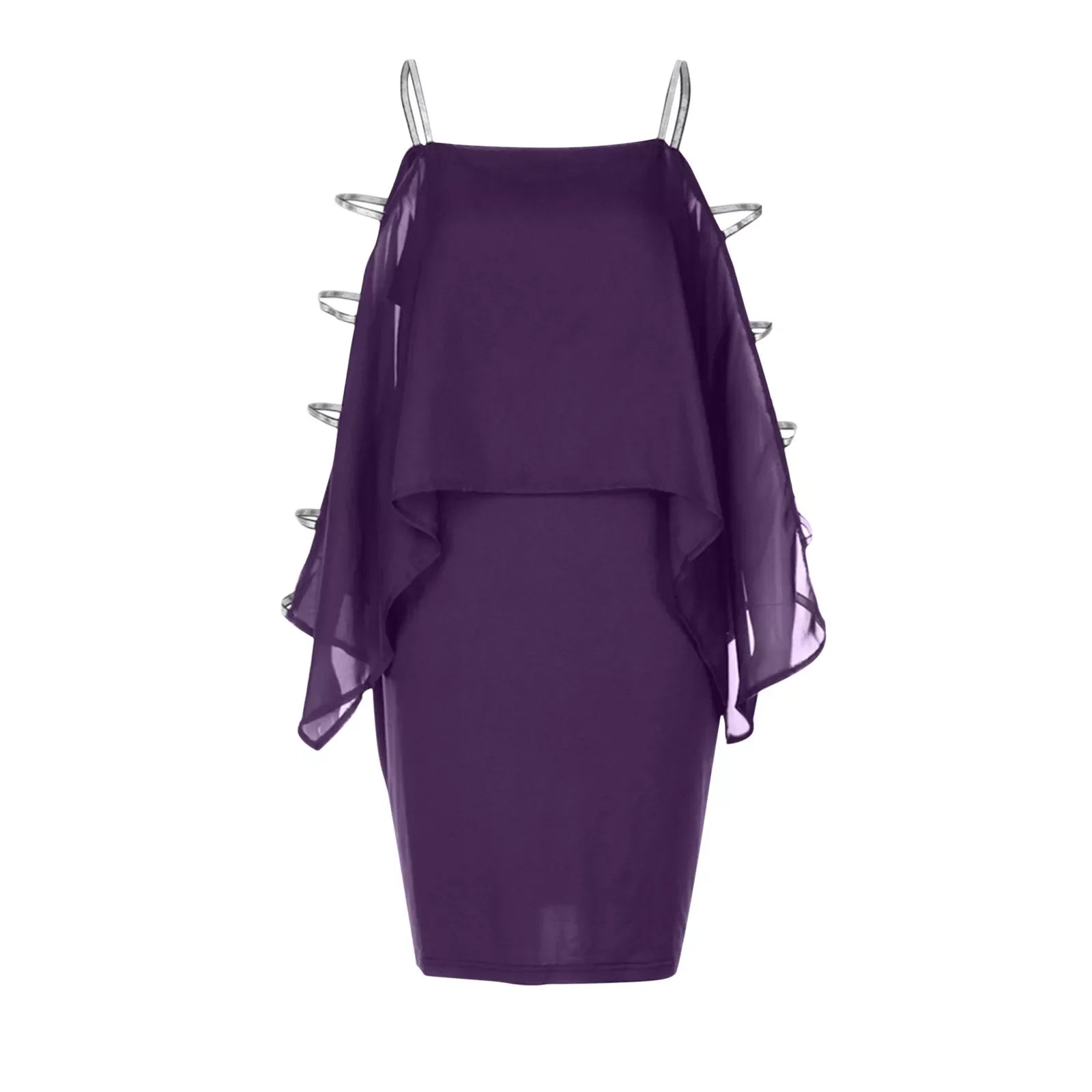 Lila Cocktailkleid mit transparenten Flügelärmeln, elegantes Design, Damenmode.