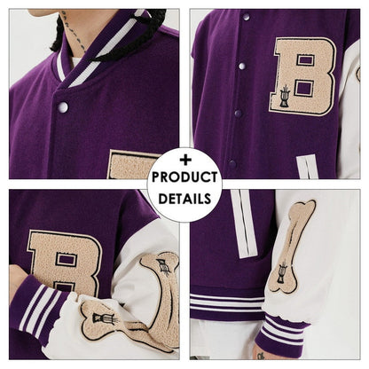 Lila College-Jacke mit weißen Ärmeln, gesticktem "B"-Logo und Knochenmotiv, Unisex-Mode.
