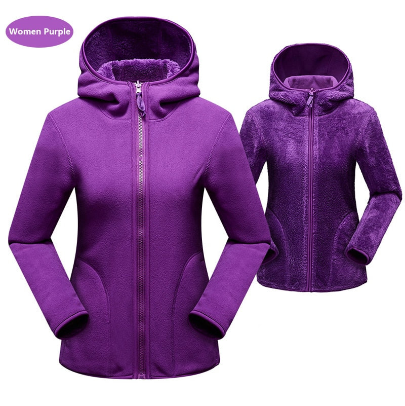 Lila Damen-Fleecejacke mit Kapuze, Reißverschluss, warm, weich, Outdoor-Bekleidung.