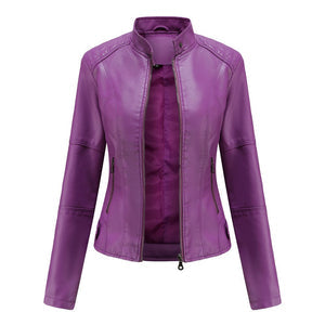 Lila Damen-PU-Lederjacke mit Stehkragen, modisch, Frühling, Biker-Stil.