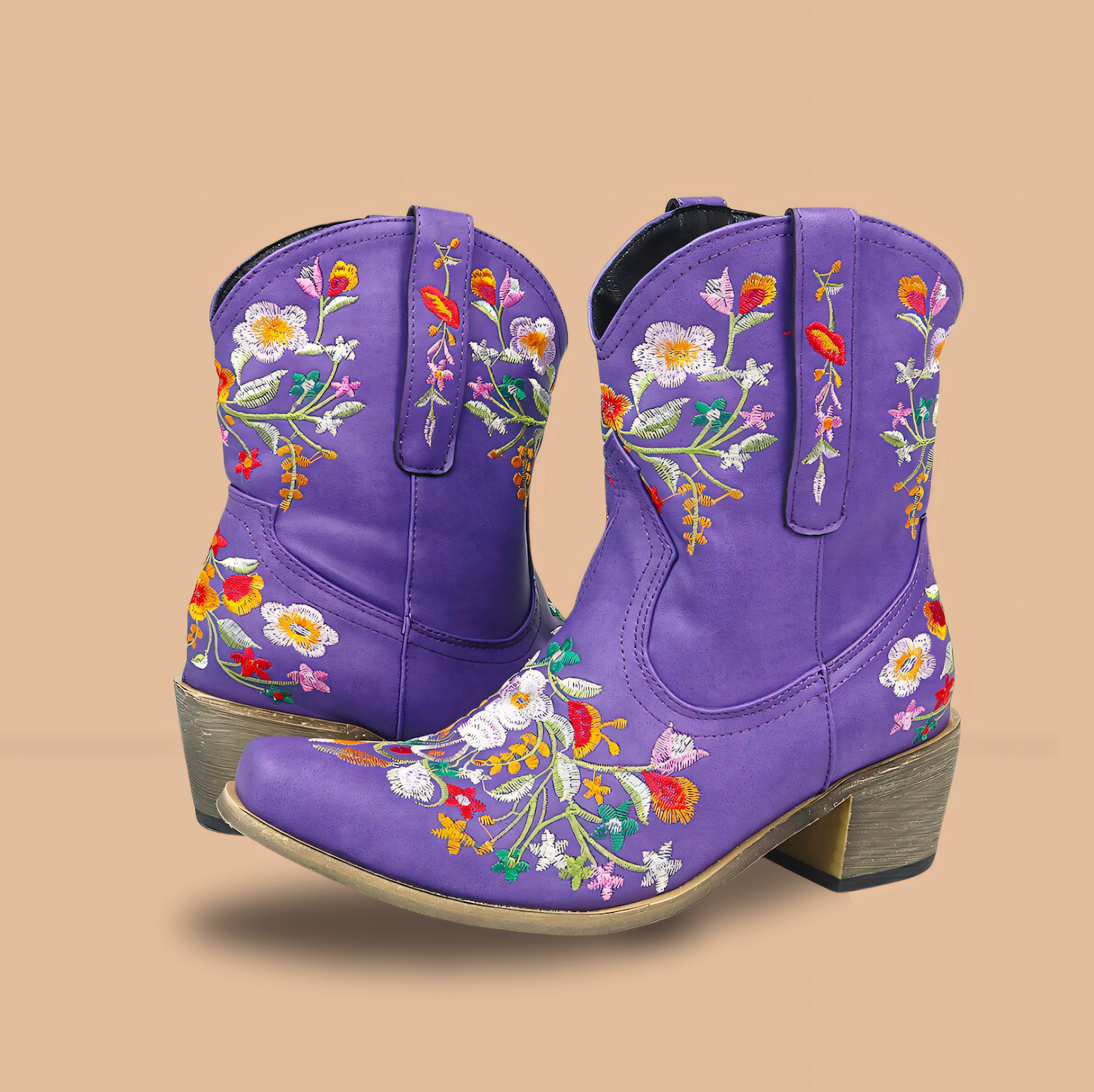 Lila Cowboystiefel mit bunter Blumenstickerei, Damenmode, Leder, mittlerer Absatz.