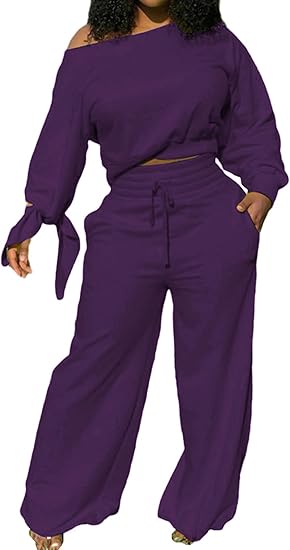 Lila Damen-Zweiteiler, schulterfreies Oberteil, weite Hose, Freizeitmode, bequemes Outfit.