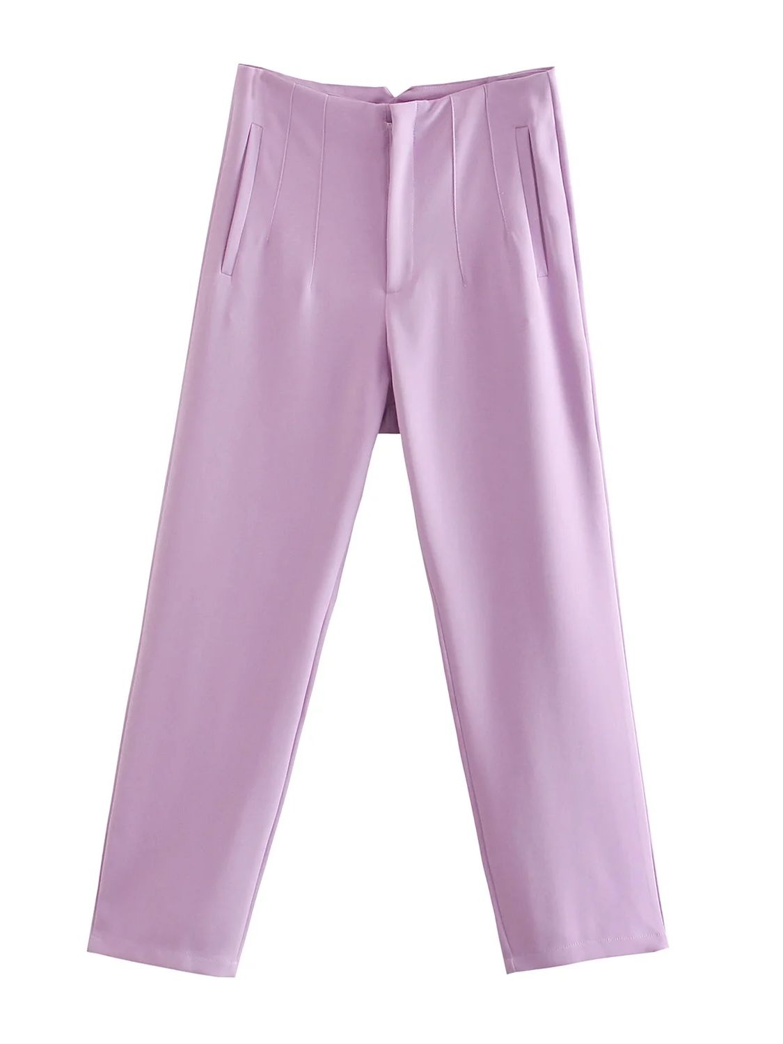Lila Damenhose, elegant, gerade Passform, mit Taschen, aus Baumwollmischung.