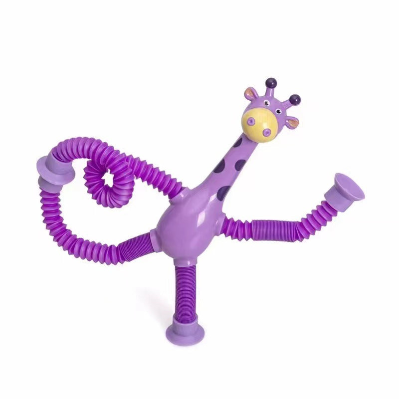 Lila Giraffen-Spielzeug aus Kunststoff mit biegsamen Armen und Beinen für Kinder.