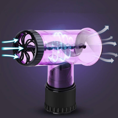 Lila Haarstyler mit Luftstrom, rotierendem Zylinder, schwarzem Griff, innovatives Design.
